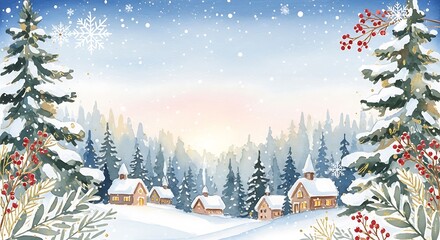 Winter Village Watercolor Landscape with Snow-Covered Trees and Houses.