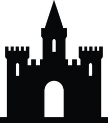 castle with tall towers and battlements, front view, solid black silhouette