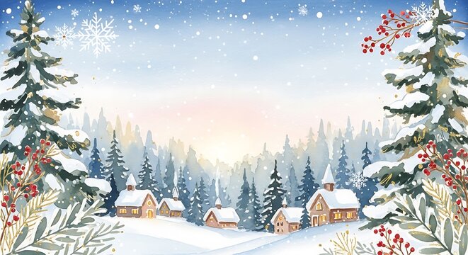 Winter Village Watercolor Landscape with Snow-Covered Trees and Houses.