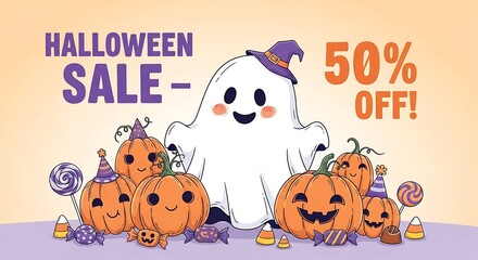 Don't Miss Out on Spooky Savings This Halloween with 50% Off, Featuring Cute Pumpkins, Candy, and a Friendly Ghost