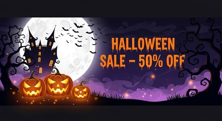 Spooky Halloween sale with glowing pumpkins, haunted house, and bats flying under a full moon offering 50% off for a limited time promotion