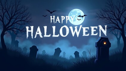 Foggy graveyard under full moon, bats flying, tombstones glowing, “Happy Halloween” in ghostly white letters.