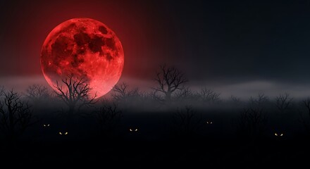 Eerie red moon watches over spooky forest with glowing eyes in the dark fog, perfect for Halloween themes and mysterious backgrounds