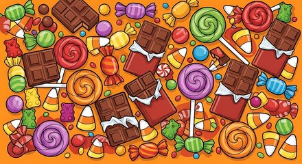 Celebrate Halloween with a vibrant candy assortment featuring chocolate bars, lollipops, and candy corn for spooky season treats and festive decorations