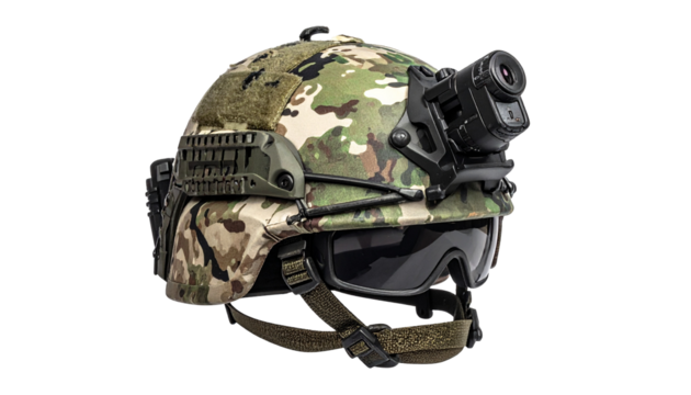 Camouflage helmet with optic device