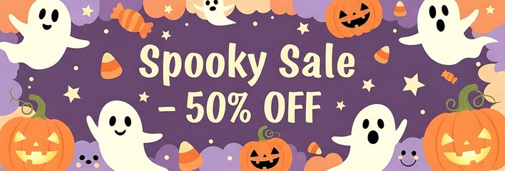 Get Ready for a Spooky Sale this Halloween with 50% Off, Featuring Cute Ghosts, Pumpkins, and Candies for a Fun Holiday Celebration