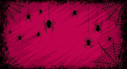 Spooky Halloween vibes with spiders dangling from webs against a festive magenta backdrop, perfect for invitations, social media, or a creatively creepy project