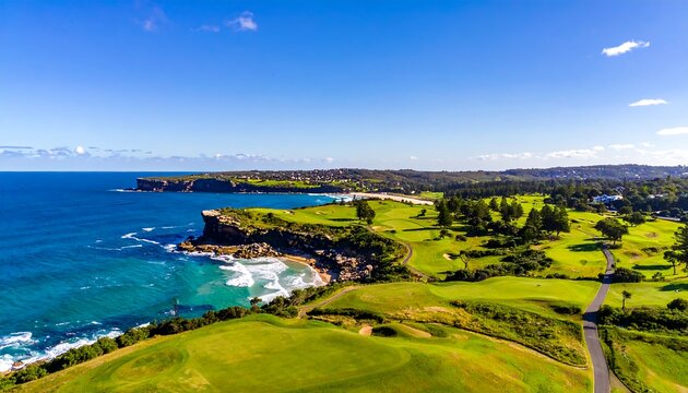 Scenic aerial view of a coastal golf course on a sunny day - Powered by Adobe