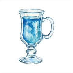 Blue Flaming Cocktail Watercolor Vector, Fire Drink on White Background
