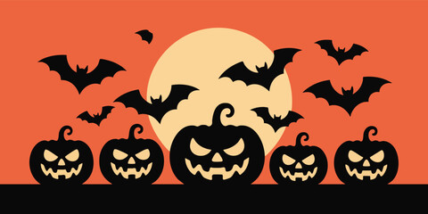 Silhouetted pumpkins bats and a moon create a Halloween scene on an orange background