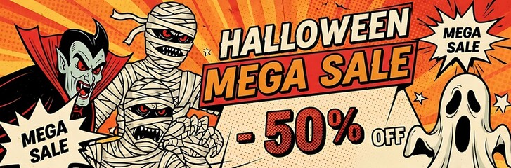 Spooky Halloween mega sale with vampire, mummy, and ghost offering 50% off, perfect for advertising a seasonal promotion or event