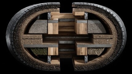Cross-section of innovative tire design showcasing various materials with detailed textures and layers