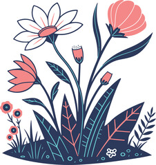 Modern Botanical Illustration with Colorful Wildflowers and Leaves