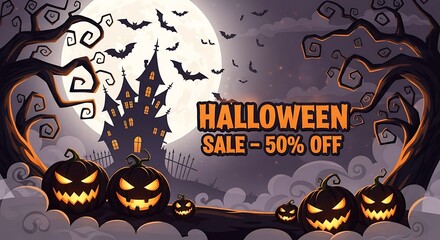 Spooky Halloween Sale at 50% Off with Jack-O'-Lanterns, Haunted House, Bats, and Full Moon for a Frightfully Fun Holiday Promotion