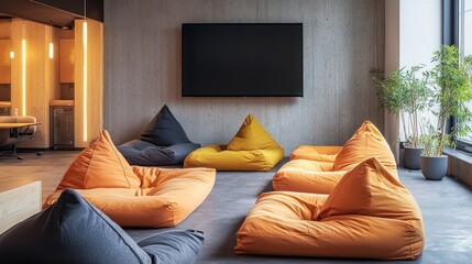 Modern and Cozy Office Lounge Area with Colorful Bean Bag Chairs, Large TV, and Industrial-Style Concrete Wall Accents, Featuring Warm Lighting and Potted Bamboo Plants