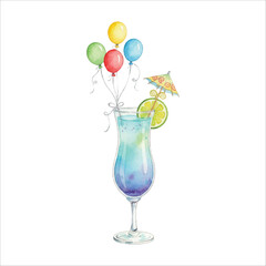 Balloon Cocktail Watercolor Illustration, Colorful Drink with Mini Balloons
