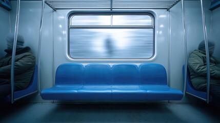 Obraz premium Urban solitude and mindfulness concept with a pensive commuter in a subway car, motion blur outside the window conveying a quiet, introspective journey.