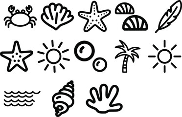 Vibrant collection of summer beach icons featuring crab, seashell, and starfish