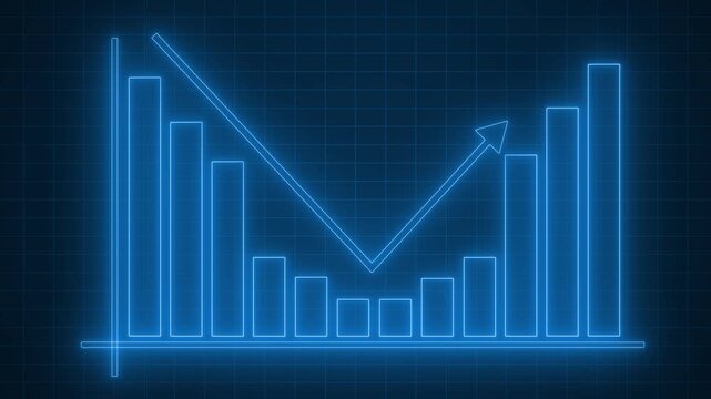 Neon Bar Chart with Downward Trend Arrow, Corporate Business Report Animation Featuring Neon Glowing Bar Graph Elements