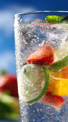 Refreshing citrus lime strawberry mint sparkling water bubbles macro summer drink closeup blue sky background ice cubes fresh fruit slices vibrant thirst quencher clean minimal vibe