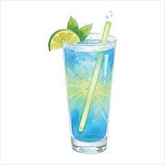 Glow Stick Inside Cocktail Watercolor Vector, Neon Blue Drink Illustration
