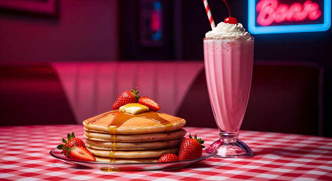 Delicious Pancakes With Syrup And Creamy Milkshake On A Checked Table Retro Style