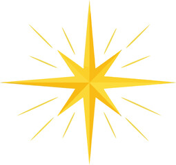 A golden star with radiating light beams on a plain  design on transparent background