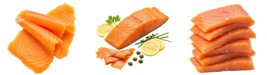 Fresh smoked salmon slices arrangement: gourmet seafood product for healthy eating and culinary delight on transparent background