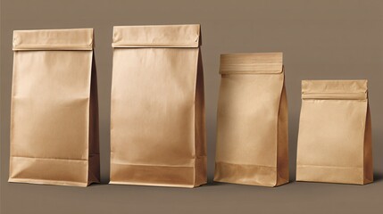 Four blank brown paper bags stand ready for branding, showcasing a clean, modern presentation for product packaging and merchandise.