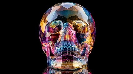 A vibrant, multicolored crystal skull displayed against a solid black background. The skull is intricately designed with facets that reflect various hues, including blues, reds, yellows, and purples, 