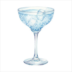 Snowflake Etched Glass Cocktail Watercolor Illustration, Winter Drink on White
