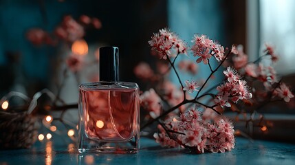 Elegant glass perfume bottle with delicate pink blossoms and warm bokeh lights evokes luxury and sophisticated floral fragrance for modern women