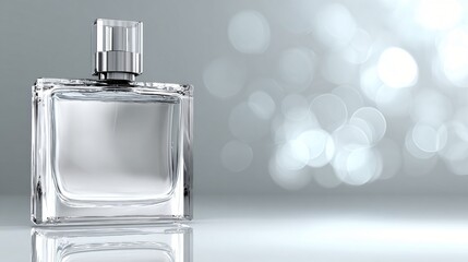 Elegant clear glass perfume bottle with metallic cap, reflecting subtle light on a clean studio surface, perfect for luxury fragrance advertising.