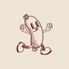 Groovy sausage breakfast character in retro cartoon. Mascot, vector, icon, colection, sticker, vintage, illustration, set, funny, logo, comic, vintage, line art, logo, coloring book