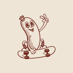 Groovy sausage breakfast character in retro cartoon. Mascot, vector, icon, colection, sticker, vintage, illustration, set, funny, logo, comic, vintage, line art, logo, coloring book