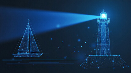 Digital Lighthouse and Sailboat Illustration Marine Navigation Concept