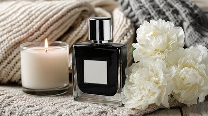 Elegant black perfume bottle with burning candle and delicate white peonies on cozy knit fabric, evoking luxury and relaxation