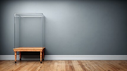 Elegant glass display case on ornate wooden table invites showcasing precious items in modern gallery setting