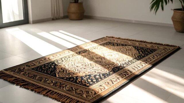 Ornate area rug in beige and brown