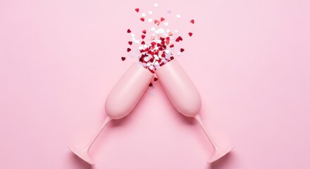 Two champagne flutes toasting with heart shaped confetti on a pink monochromatic background