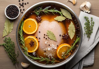 flat lay photo of turkey brine in a stainless steel bowl decorated with some herbs on the table