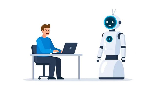 Human and Friendly Robot Collaborating on a Laptop in a Modern Office Setting