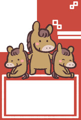 Fototapeta premium 馬家族の赤いポップなフレームイラスト