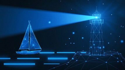 Lighthouse and Sailboat Navigation Guidance in Digital Wireframe Style