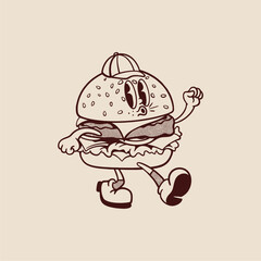Groovy burger breakfast character in retro cartoon. Mascot, vector, icon, colection, sticker, vintage, illustration, set, funny, logo, comic, vintage, line art, logo, coloring book