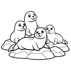 Group of Sea Lions Lounging on Rocks Coloring Page