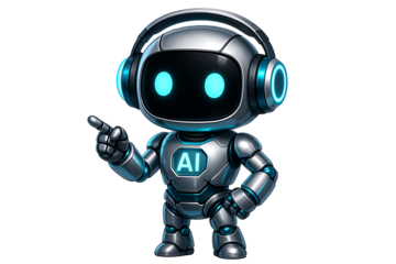 Ai robot mascot character wearing headphones pointing finger up guiding and advising with futuristic metal body design isolated on transparent background