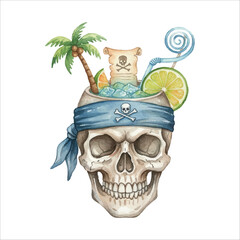 Pirate skull cocktail mug with tropical garnish, watercolor fantasy drink on white background

