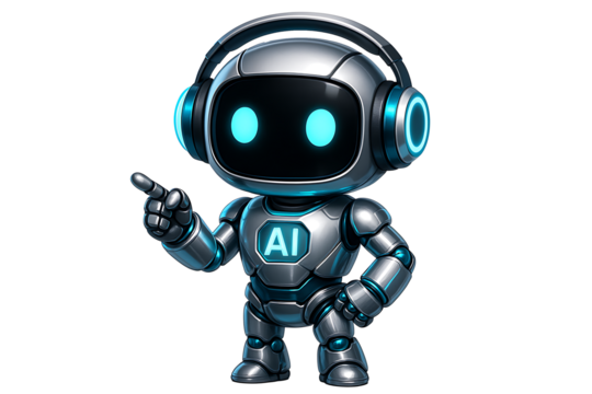 Ai robot mascot character wearing headphones pointing finger up guiding and advising with futuristic metal body design isolated on transparent background