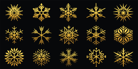 Elegant Gold Snowflake Collection Ornate Winter Holiday Season Elements Golden Snowflakes Design Elements Various Snowflake Shapes Black Background Delicate Golden Illustrations